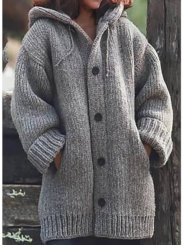 Knitted Button Casual Soft Long Sleeve Loose Sweater Cardigans Hooded Fall Winter Coat