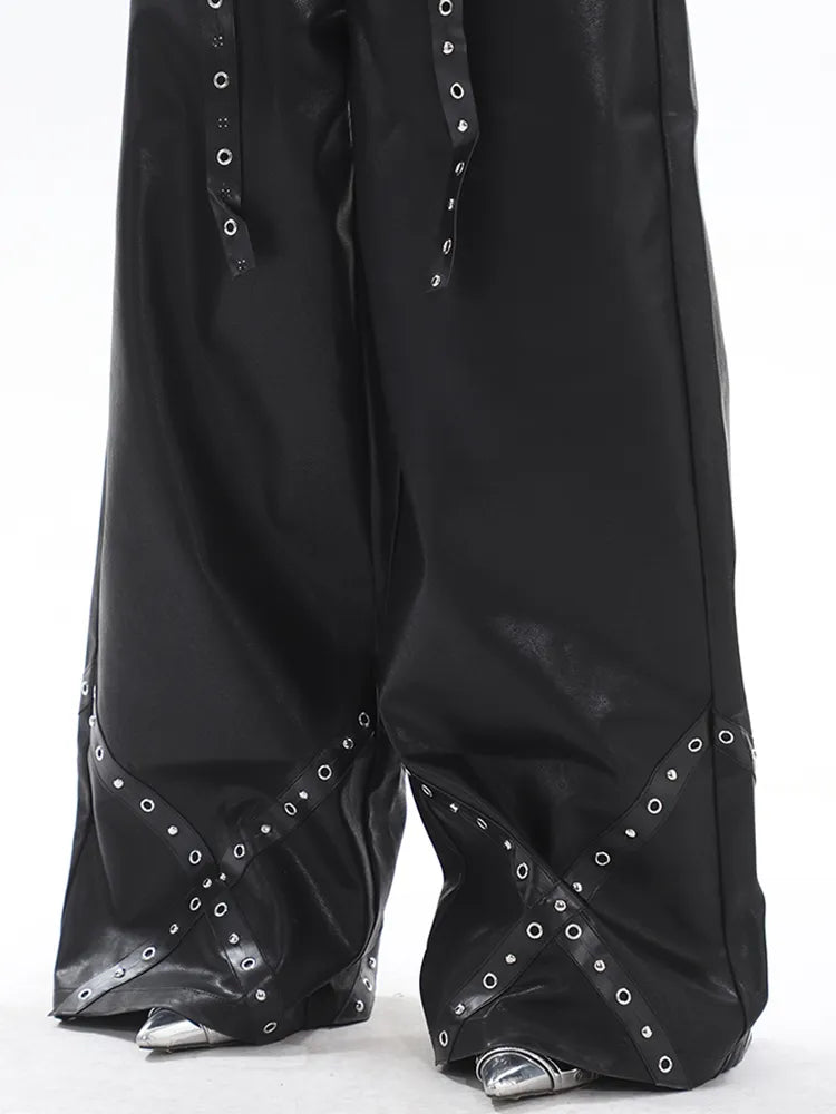 High-Fashion Metal-Accented Wide Leg Leather Pants